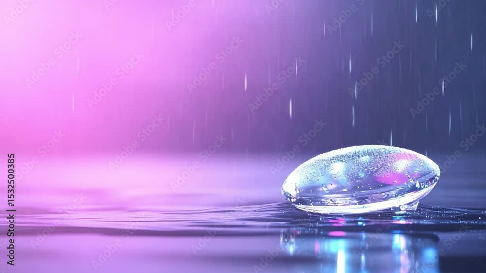 Poster crystal lens in rainfall: a solitary, pristine crystal lens refracts light amidst a gentle rainfall,