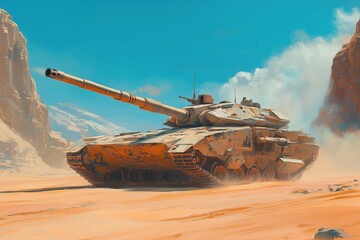 A tank in the desert. The gun is shooting.