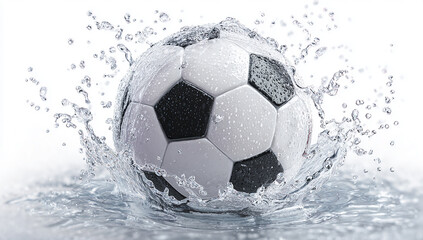 Naklejka premium Soccer ball in a water splash, This image represents the concept of a water sport, with a design suitable for a banner or advertisement, leaving space for additional text or information