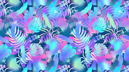 Abstract palm leaves pattern background. Vector holographic neon tropical jungle texture. Abstract palm leaf silhouettes summer night gradient print for exotic wallpapers, wrapping, backdrop, decor.
