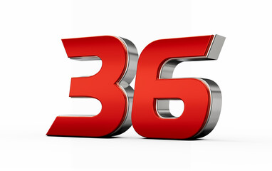 Metallic Red number 36 Thirty six with silver edges stands on a white background. 3d illustration