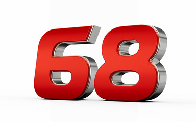 Metallic Red number 68 or Sixty eight with silver edges stands on a white background. 3d illustration