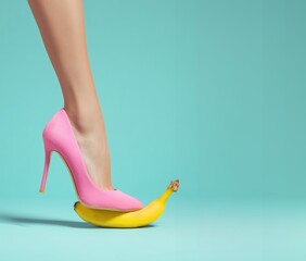 Woman wearing a pink stiletto heel steps onto a yellow banana on a turquoise background.  Playful, ironic, dangerous metaphor copy space.
