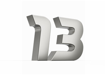 3d Silver number 13 Thirteen sleek metallic look isolated on white background, 3d illustration