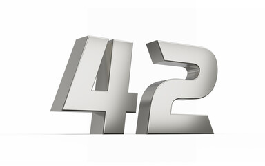 3d Silver number 42 Forty two sleek metallic look isolated on white background, 3d illustration