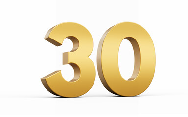 3D Golden number 30 Thirty isolated on white background, 3d illustration