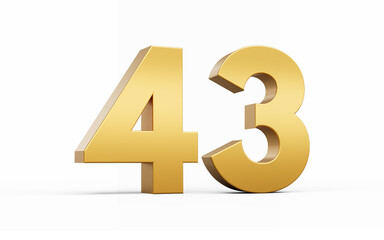 3D Golden number 43 Forty three isolated on white background, 3d illustration