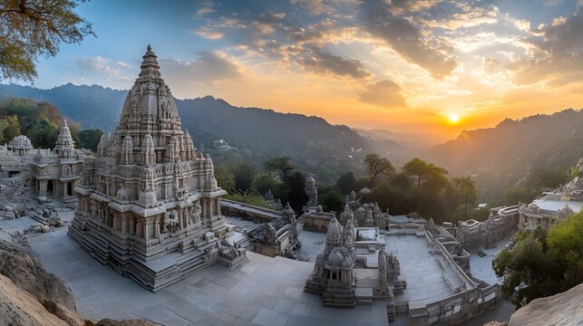 Panoramic capture of Mount Abu&rsquo;s Dilwara Temples complex