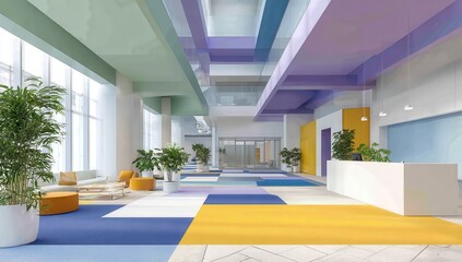 A large, modern white office interior with high ceilings and glass windows, featuring an open-space design. The room is filled with bright colors like green, blue, purple, orange.