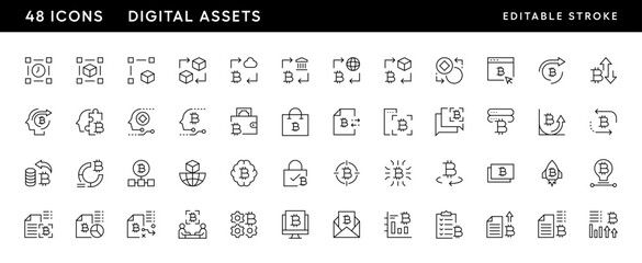 Digital asset line icon collection. Blockchain technology, digital money, encryption, virtual currency, token and more. Editable stroke. Pixel Perfect. Grid base 32 x 32.