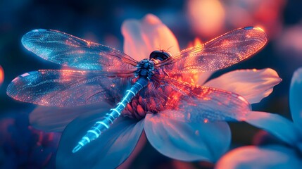 Bioluminescent Dragonfly on Flower at Dusk Futuristic Macro Art AI Generative