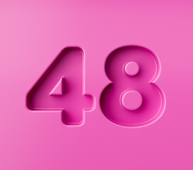 Vibrant pink number 48 Forty eight embossed on a pink background, 3d illustration