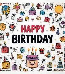 Flat vector birthday theme with cartoon icons, bold color blocking, and happy doodle frames on clean white canvas.