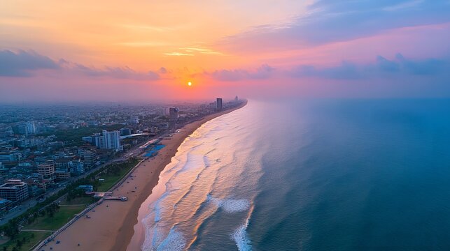 Aerial-style panorama of Chennai Marina Beach at sunset