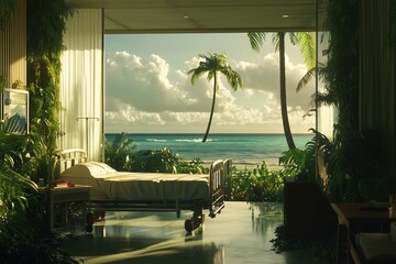 A tropical island hospital with outdoor patient accommodations, a view of the ocean, and a soothing atmosphere.