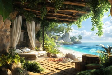 A tropical island hospital with outdoor patient accommodations, a view of the ocean, and a soothing atmosphere.