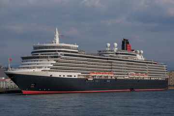 Classic ocean liner cruiseship cruise ship Elizabeth in port of Aomori, Japan with skyscraper...