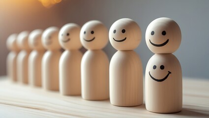 Happy wooden figures in a row showing teamwork