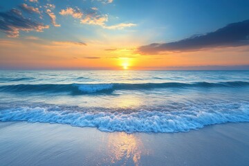Fototapeta premium Serene Sunset over Ocean Waves A Breathtaking Beach Scene