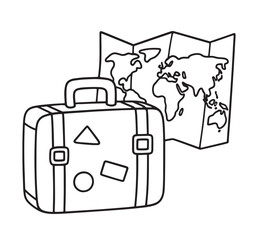 Travel Suitcase and World Map - Adventure and Exploration Line Art for Kids and Coloring Pages
