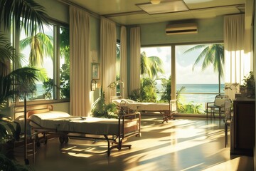A tropical island hospital with outdoor patient accommodations, a view of the ocean, and a soothing atmosphere.