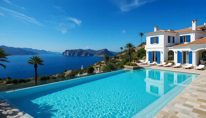 Fototapeta premium Luxurious white villa with infinity pool offering panoramic ocean views on a sunny day