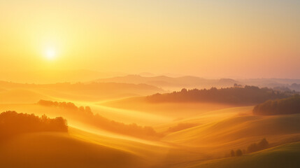Obraz premium Summer sunrise over rolling hills, soft mist and golden-orange sky tones