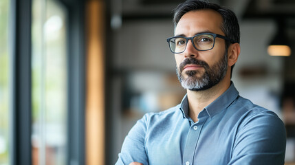 Obraz premium Thoughtful professional in casual attire, embodying creativity and focus.