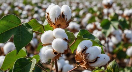 Cotton plants with fluffy white bolls in a bright sunny field, representing a cotton plantation harvest. Ideal for agriculture, farming, and textile industry visuals