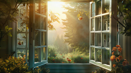 Patio window view through an open window, looking out into a lush green garden, backyard. Open window sunlit fresh green garden with flowers. Safe and sound fresh air window. Sunbeam PVC window scene