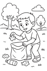 Boy Picking Up Trash in the Park - Environmental Responsibility Line Art for Coloring and Learning