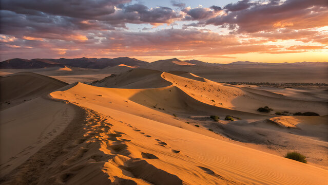 Dramatic sunset over the Namib desert sand dunes with footprints - Powered by Adobe