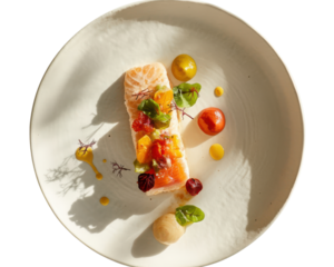 Poached fish fillet with tomato, basil, and yellow carrot salad