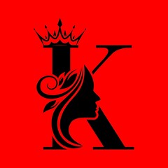 Elegant queen letter k silhouette design with crown on red background illustration