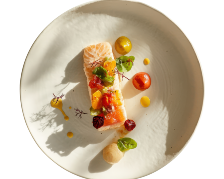 Poached fish fillet with tomato, basil, and yellow carrot salad