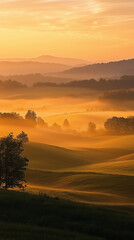 Obraz premium Summer sunrise over rolling hills, soft mist and golden-orange sky tones