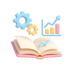 3D Icon of Book, Gears, and Charts in PNG Format