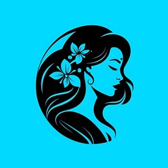 Silhouette of a beautiful woman with flowers in her hair in a cyan background