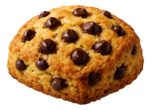 Baked scone studded with rich chocolate chips, showcasing a golden-brown crust and soft interior.