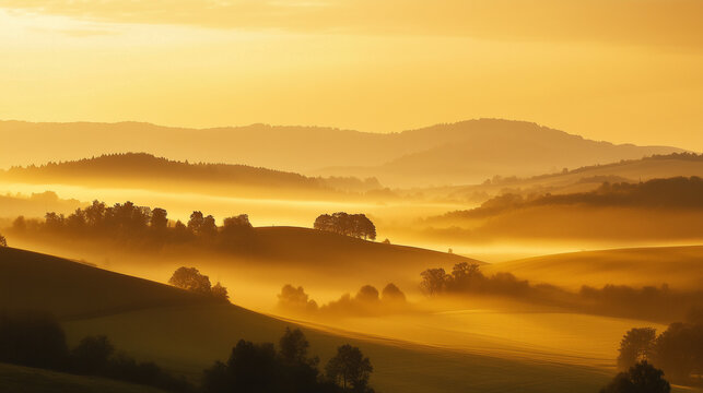 Summer sunrise over rolling hills, soft mist and golden-orange sky tones