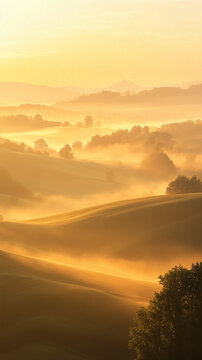 Summer sunrise over rolling hills, soft mist and golden-orange sky tones
