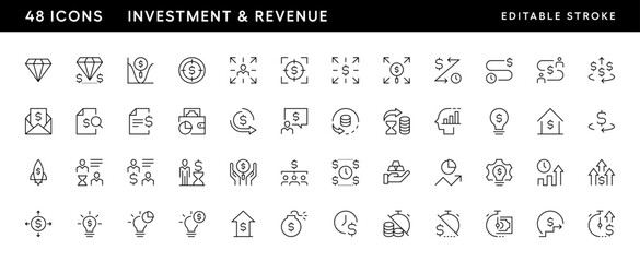 Investment and revenue line icon collection. Financial statement, deposit, budget report, money flow, equity, return of investment and more. Editable stroke. Pixel Perfect. Grid base 32 x 32.