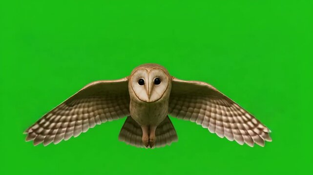 Flying owl front view with outstretched wings on chromakey green screen for wildlife motion design