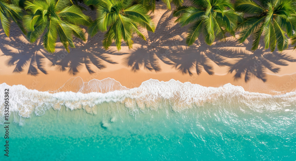 Poster aerial view of palm trees casting shadows on sandy beach, turquoise ocean waves gently lapping shore