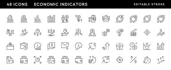 Economic indicators line icon collection. Financial statement, growth, budget report, money flow, equity, return of investment, profit and more. Editable stroke. Pixel Perfect. Grid base 32 x 32.