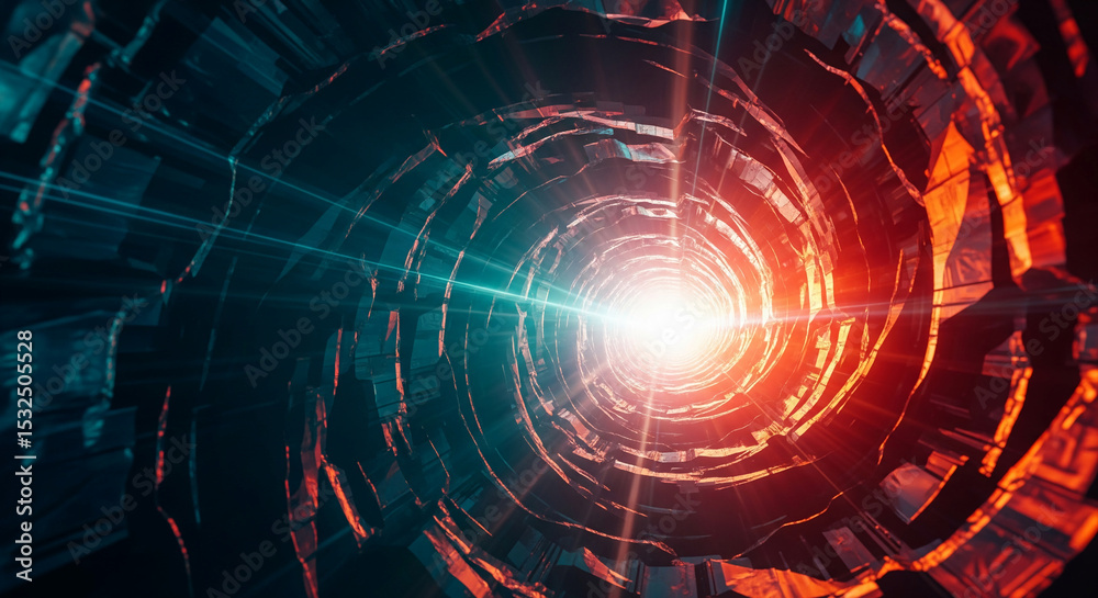 Poster Abstract image of a swirling, tunnel-like structure with vibrant red and teal hues, converging towards a bright light source, symbolizing progress, innovation, or futuristic technology