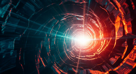 Fototapeta premium Abstract image of a swirling, tunnel-like structure with vibrant red and teal hues, converging towards a bright light source, symbolizing progress, innovation, or futuristic technology