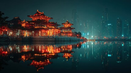 Obraz premium Traditional Chinese architecture glowing with lantern lights at night reflecting in calm water with modern city skyline behind perfect for travel visuals and cultural contrasts