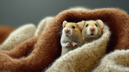 Two cute golden hamsters hiding in fluffy blanket looking out curiously with little paws visible perfect for pet-themed content, animal blogs and cozy indoor moments
