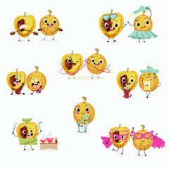 marula fruit cute funny cheerful characters. Vector hand drawn  illistration.